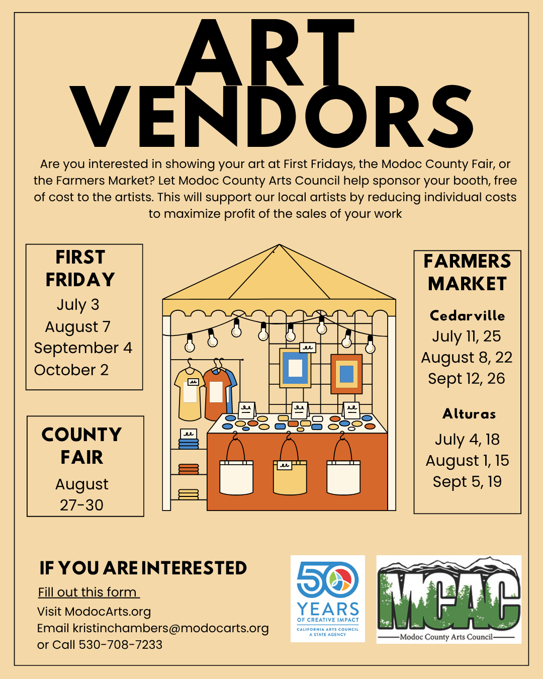 Art Vendors flyer — First Fridays, County Fair, and Farmers Market dates with contact information