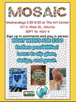 Mosaic Class flyer — Wednesdays 5:30–8:30 PM, September 16 through November 4, $100 for 8 weeks