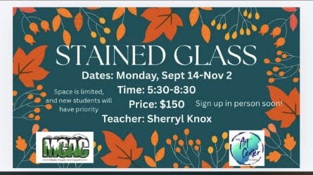 Stained Glass Class flyer — Mondays September 14 through November 2, 5:30–8:30 PM, $150, Teacher Sherryl Knox