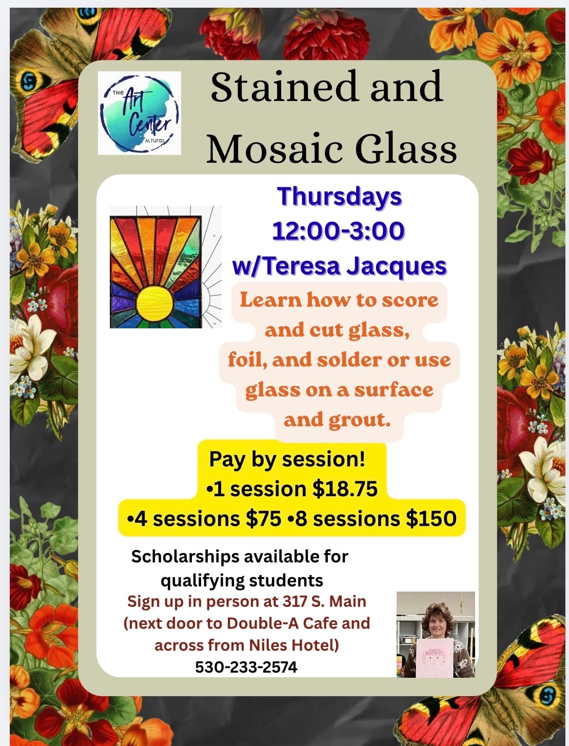 Stained and Mosaic Glass Class flyer — Thursdays 12:00–3:00 PM with Teresa Jacques